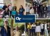 four photos of students and alumni in the school of economics around an image of the logo