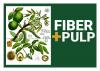 Botanical illustration of plant fibers and the text "fiber + pulp" over a green background