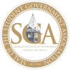 SGA circular logo in gold font with white background and Tech Tower in the middle, embedded in the letter G.