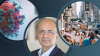 Circular images of a Covid cell, Amit Prasad's headshot, and people wearing masks in New York City on a navy blue background