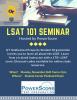 Informational flyer for the LSAT Seminar hosted by the GT Intellectual Property student organization. Contains images of the GTIPSO logo, a student writing in a notebook, and the Powerscore Test Prep logo. 