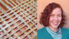 Left side of image shows fibers creating a grid. Right side is of a woman with reddish-brown curly hair smiling a the camera. She is wearing a turquoise shirt.