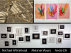 Image shows three artworks. The top left image is a depiction of the rafters of a barn. The top right image consists of three brightly colored panels with designs made of paper pulp that look like coral. The bottom image is a collection of 16 framed images that resemble Rorschach tests. 