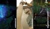 A triptych of images. From left to right: a blue, under water- looking setting with bodies moving within it.; a person wearing VR goggles; a green, forest-looking setting with bodies moving within it.