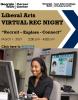 A woman with a headset and a video came controller sits in front of a computer screen smiling at the camera. The text reads "Liberal Arts Virtual REC Night (Recruit, Explore Connect) on March 1, 2021 from 2-4 pm" and the image contains a hyperlink to register.