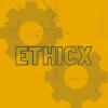 Outlined letters for "ETHICX" on top of a yellow graphic of interconnected gears.