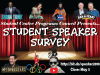 Red curtain and stage with pictures of potential speaker options