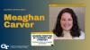Text reads "Alumni Spotlight, Meaghan Carver" and the School of Public Policy logo. Carver's headshot is in a frame shaped like a desktop browser, with her title underneath.