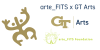 A hieroglyphic-like line drawing of the coqui, the small gold frog, next to the words arte_FITS x GT Arts, as well as the interlocking GT logo 