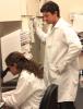 Katy Hammersmith, Petit Scholar, conducts research with mentor, Andres Bratt-Leal, in the Todd McDevitt laboratory