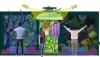 A computer animation of three people standing in various poses in front of a wildly colorful collage of images representing a forest  