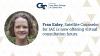 Fran Exley's headshot on a graphic with Georgia Tech branded gold triangles in the background